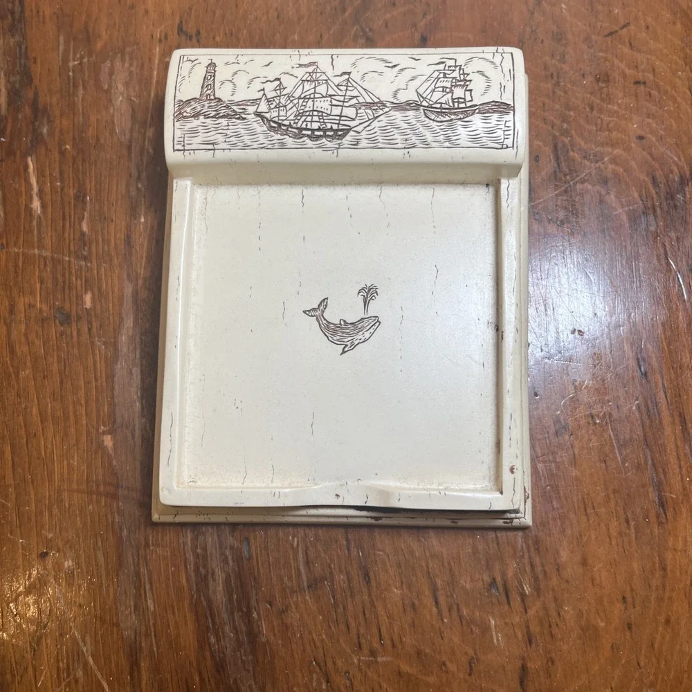 Vtg Sea Sail Boat Lighthouse Sperm Whale Faux Scrimshaw Notepad Holder Post-it
